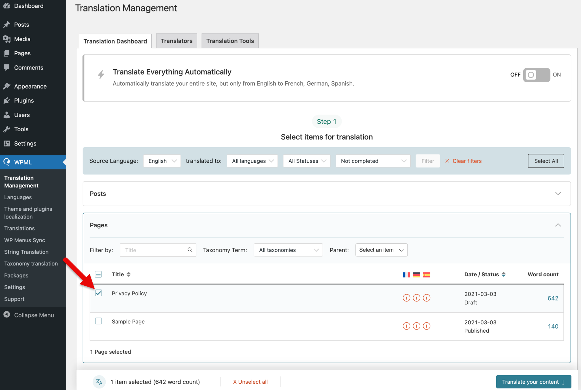 selecting content for translation